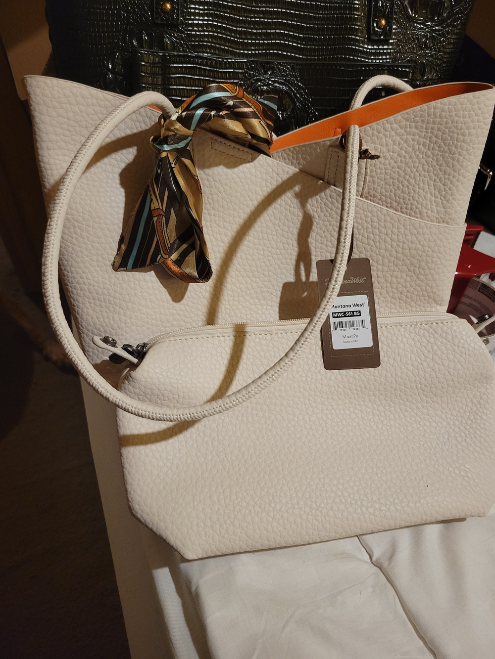 Montana West Cream Pebbled Tote with Matching Pouch and Scarf Accent